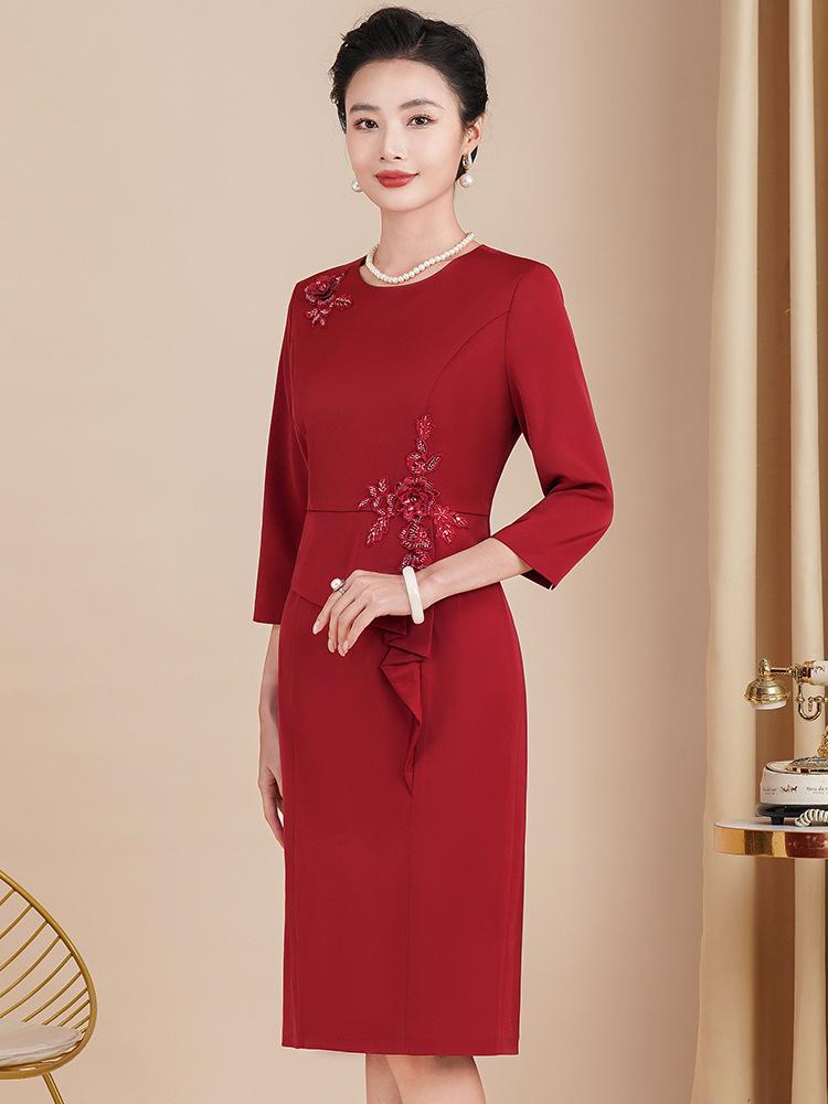 2025 Weinrot Frühling Formelles Kleid für Damen - Elegante Hochzeits- oder Bankettkleidung für Mütter und zierliche Schwiegermütter