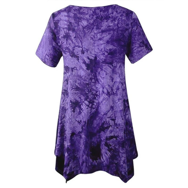 Plus-size Fashion Women's Tie-dye V-neck Hem Irregular Short-sleeved Loose Top