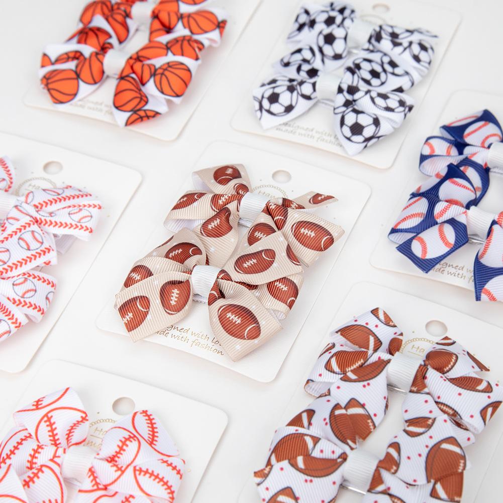2Pcs/Set Cute Football Softball Baseball Football Bow Hair Clip for Baby Girl Fully Covered Non Slip Ribbon Hair Pins