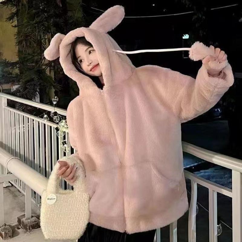 

Осінньо-зимове пальто жіноче капюшон кролячі вушка волосся плюш імітація кашеміру шуба фліс потовщений светр жіночий XL рожевий