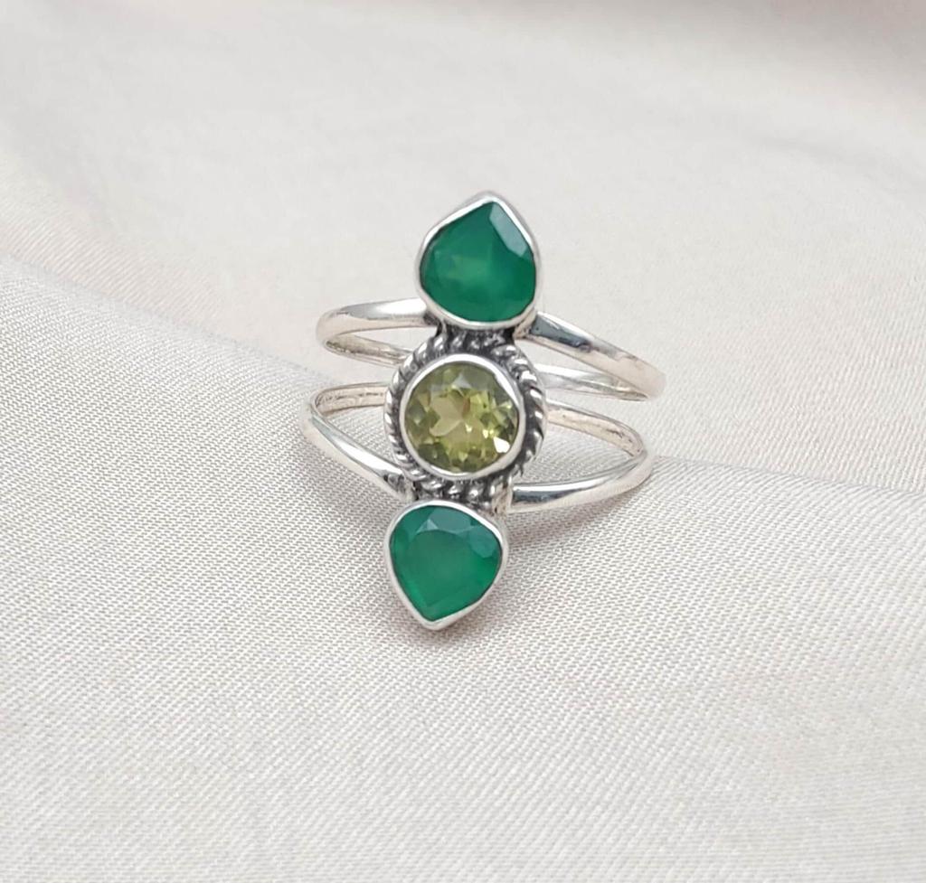 Green Onyx & Lemon Quartz Sterling Silver Ring: Boho Statement Jewelry