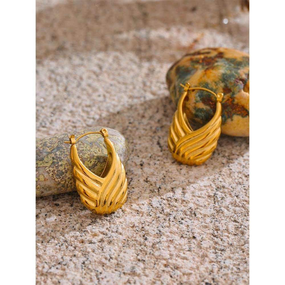 Eetit Statement Stainless Steel Striped Hollow Geometric Hoop Earrings 18K Golden Plated Texture Daily Jewelry Waterproof