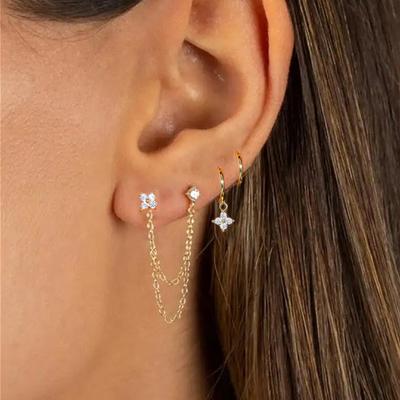 3PCS New Design Four Crystal Flower Pendant Hoop Earrings Set For Women Double Ear Hole Chain Stud Earring Piercing Jewelry