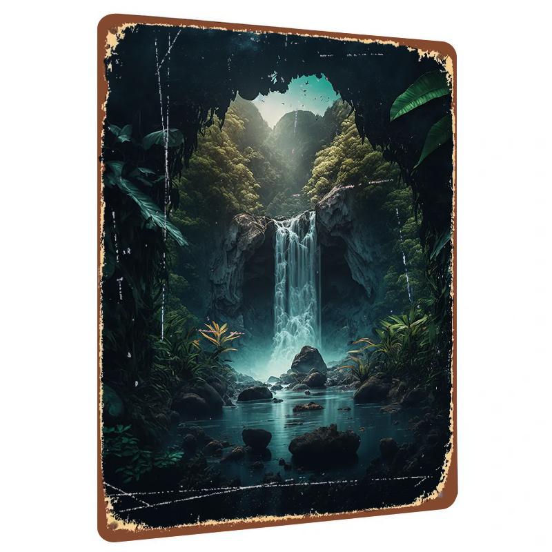 

Secret Waterfall Landscape Metal Wall Art ModernHome Decor Living RoomHanging Painting 20x30cm（7.8x11.8inch）
