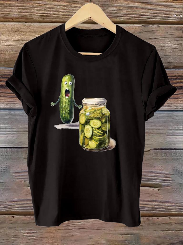 2026 Casual Y2k Crew Neck Short Sleeved Tops Soft Graphic Print T-Shirt Playful Pickle Cucumber Design Summer Tee Ladies
