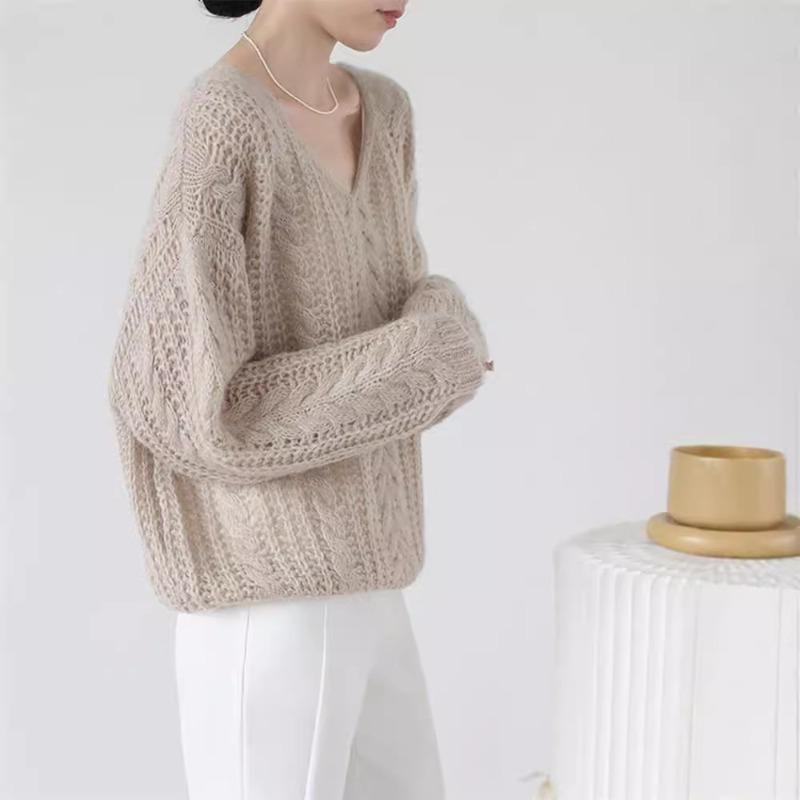 Soft waxy gentle wind sweater women's spring knitted sweater collar hollow knitted sweater lazy wind loose top tide