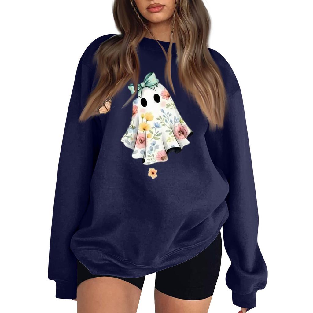 Women's Long Sleeve Neck Sweatshirt Loose Fit Casual Pullover Top, Color and Halloween Small Print