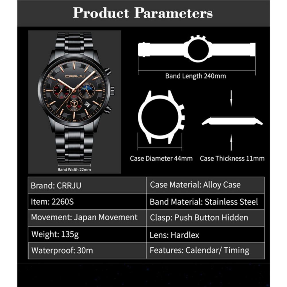CRRJU Nové pánské sportovní hodinky s ocelovým páskem Móda Business Šestipinový multifunkční chronograf