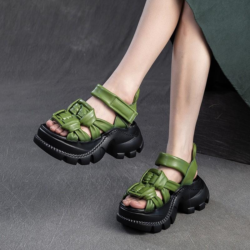 Johnature Ekte Skinn Pustende Håndvevd Sandaler med Tååpning Retro Pendler Kvinners Plattformsko