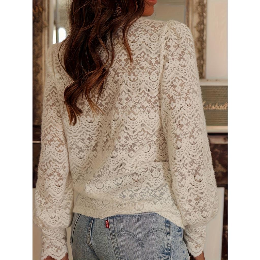 New Women's Solid V Neck Long Sleeve Lace Shirt, Hollow Out Loose Sexy Blouse, European American Style Casual Top