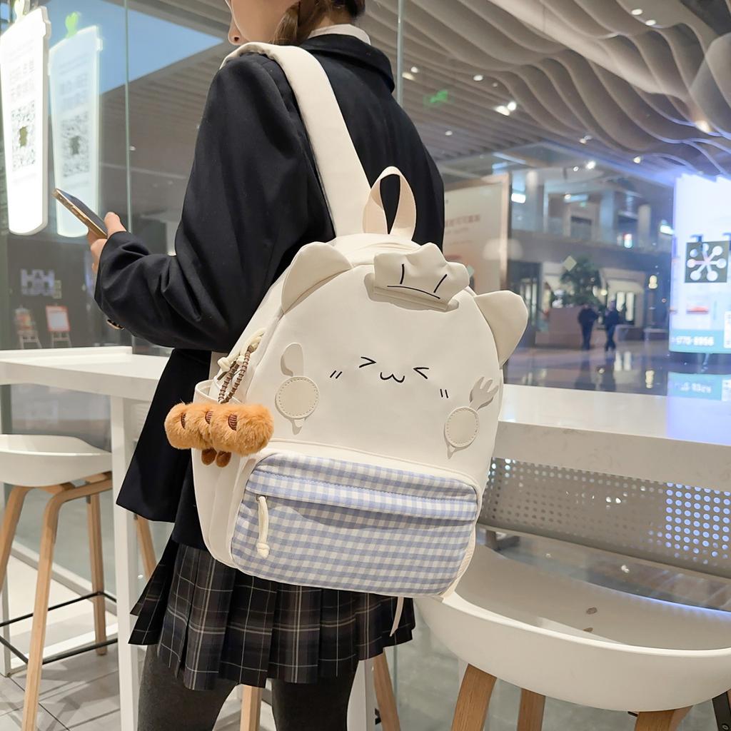 Schoolbag1011 New Plaid Double Shoulder Casual Style Cute Cartoon Chef Cat Backpack Large Capacity Student Schoolbag Travel