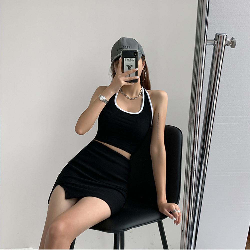 Women's Halter Neck Crop Top, Ribbed Color Block Sleeveless Tank Top