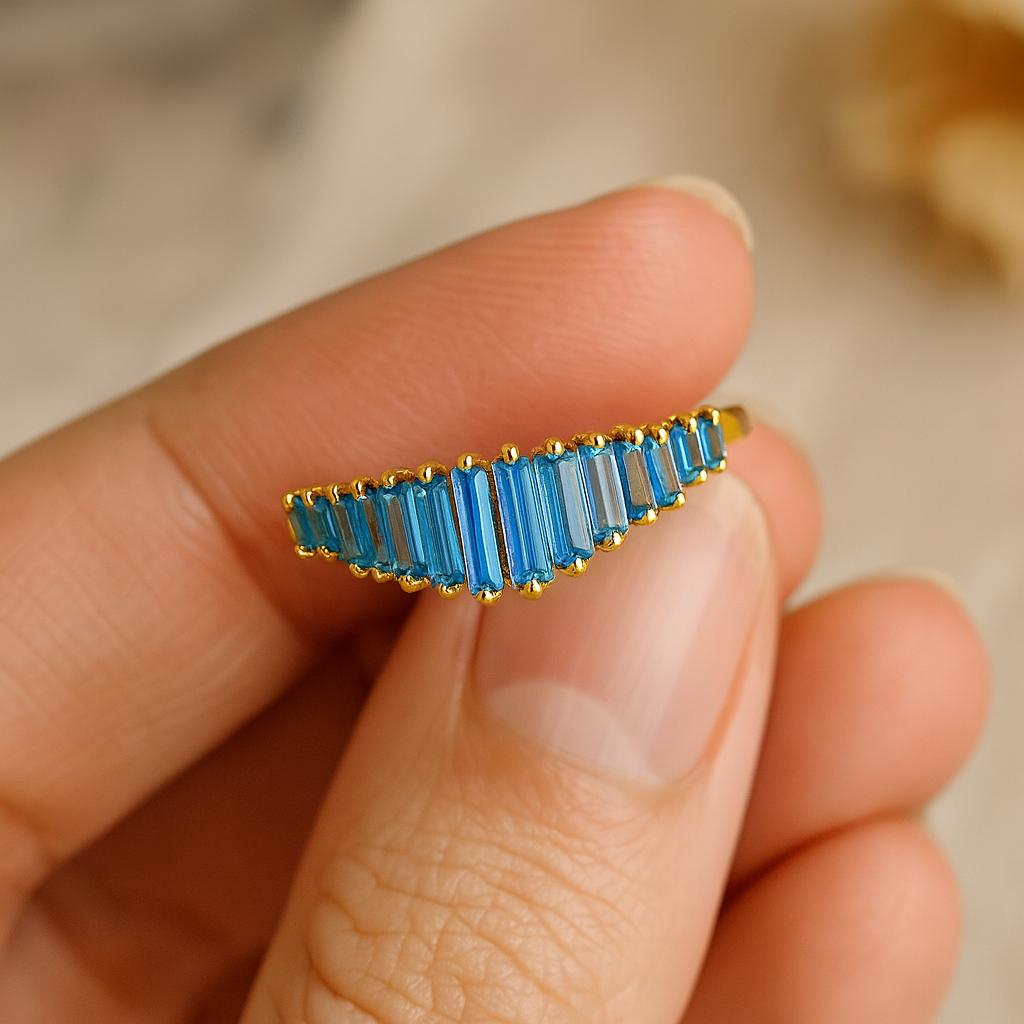 Wedding Engagement Anniversary Promise Gift – Vintage Teal Sapphire Baguette Engagement Ring, Yellow Gold Plated Art Deco Cluster Jewelry