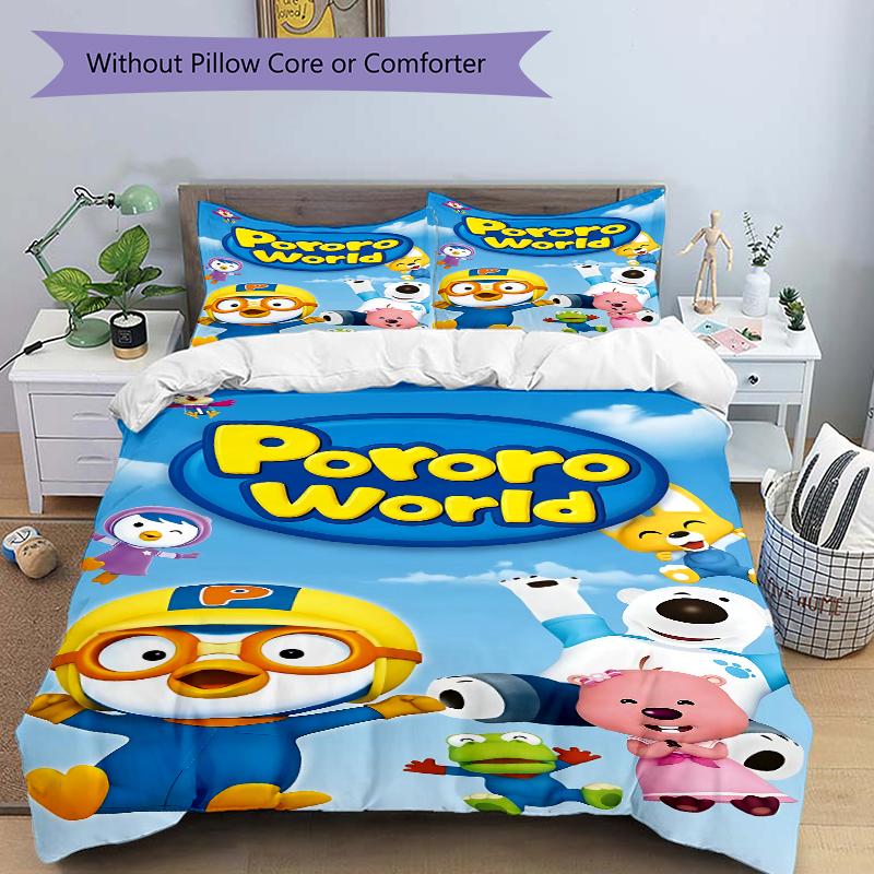 3Pcs Pororo'S Colorful Friends Bedding Set Soft Fabric Duvet Cover Pillowcases Home Christmas Xmas Halloween Gift 1 Duvet Cover 2 Pillowcase N1206