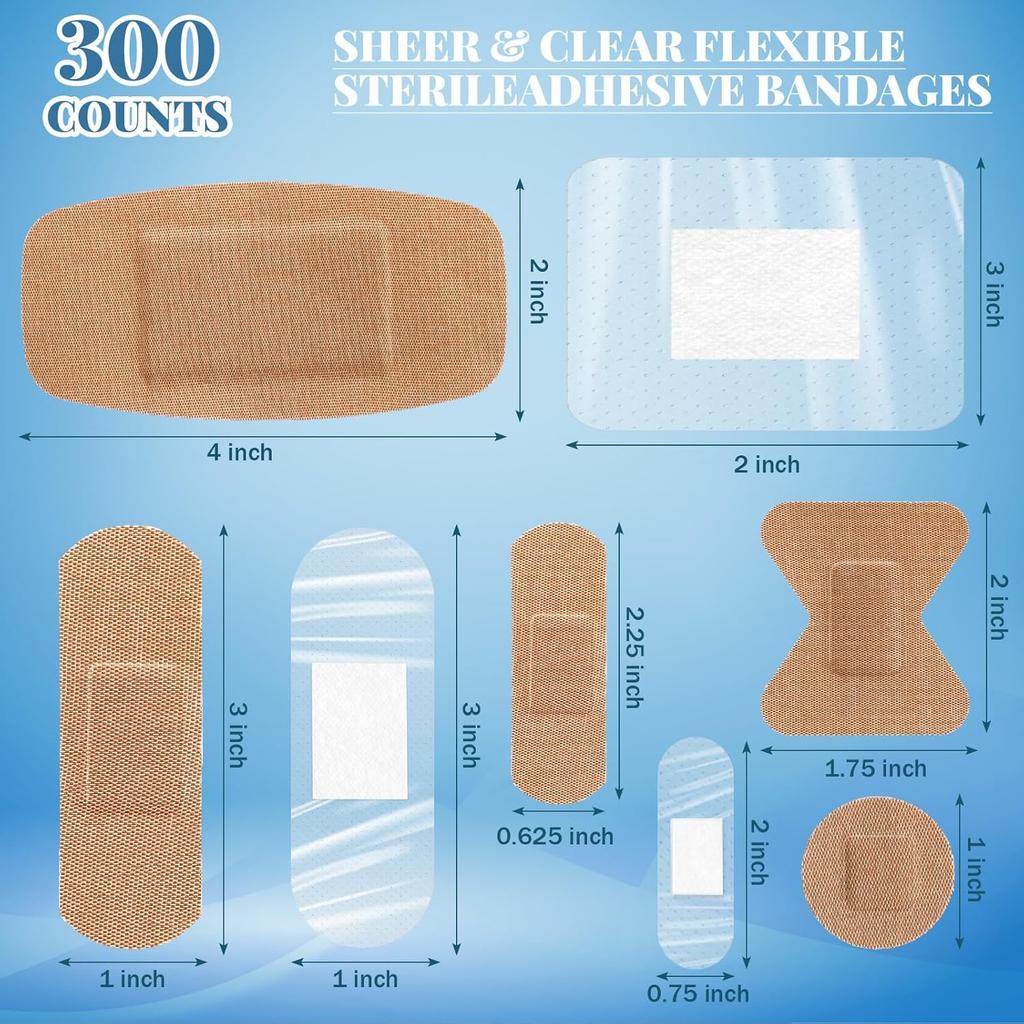 Geiserailie 300 Pcs Adhesive Bandages Family Variety Pack Fabric and Waterproof Assorted Bandages Bulk Sterile Individually Wrapped Bandages for