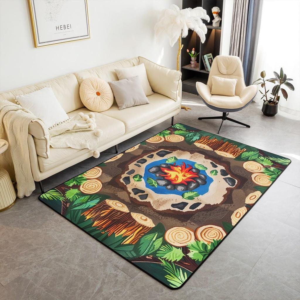 Outdoor Camping Themed Rug, Cartoon Campfire & Wood Non-Slip Floor Mat for Kids Bedroom Playroom Nursery Decor Carpet