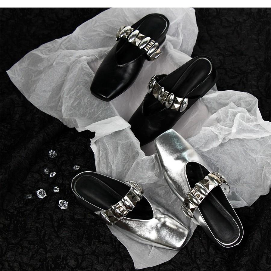 2025 Summer Square Head Rivets One Word with Bag Head Half Slippers Women's Inner Height French Temperament One Foot Cool Slippers