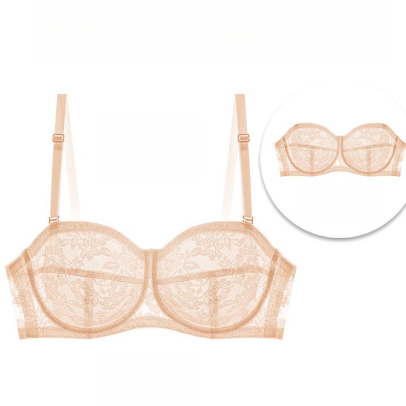 

Женский сексуальный кружевной бюстгальтер без бретелек на косточках пуш-ап XL бежевый