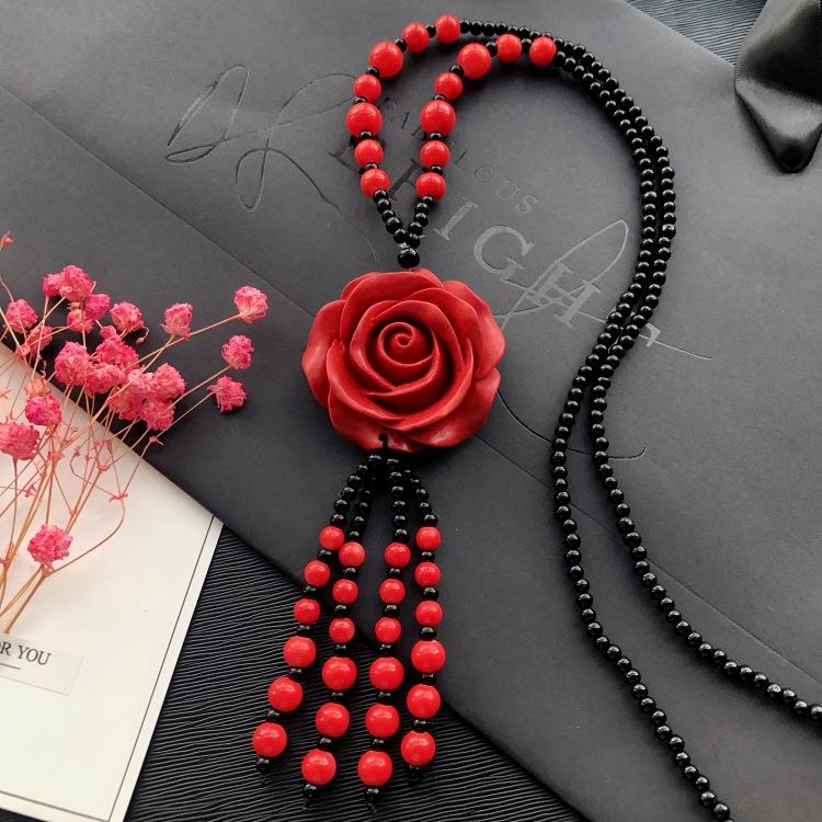 New Vintage Versatile Red Cinnabar Sweater Chain Natural Long Female Rose Necklace Pendant Accessories