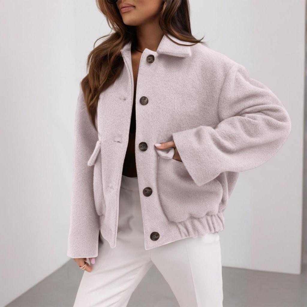 Women's Fashionable, Elegant, -color Long-sleeved Pocket-buttoned Woolen Coat