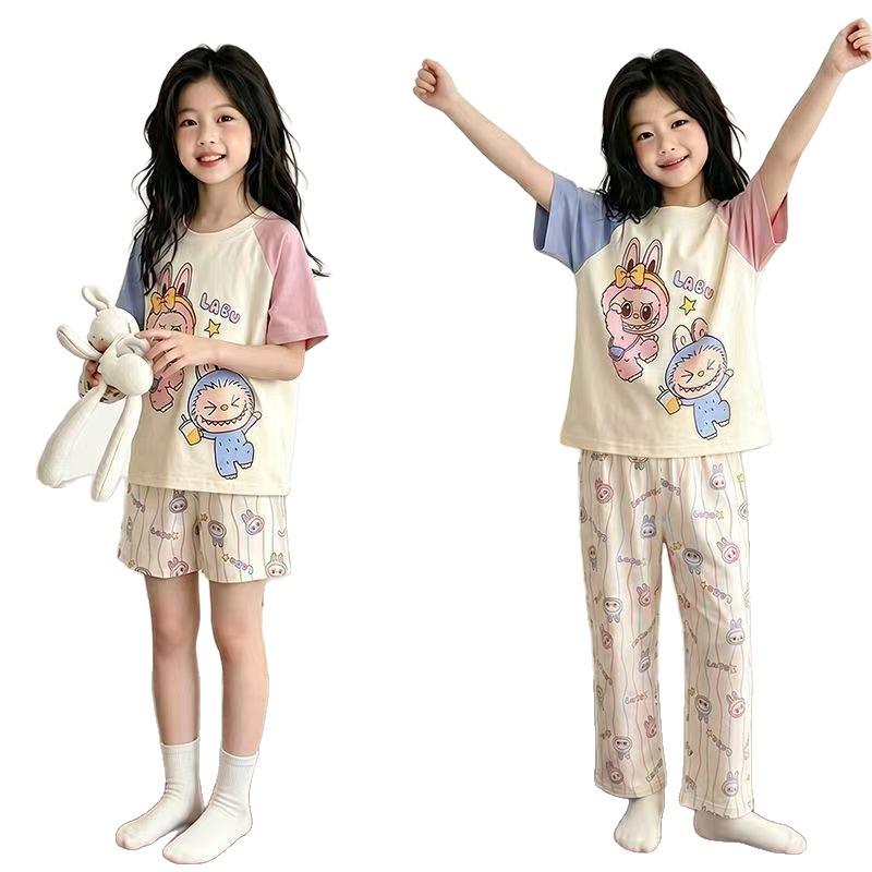 Girls' Summer Cartoon Pajama Set - 3-Piece, Short Sleeve, Long Pants, Home Wear for Medium and Large Children