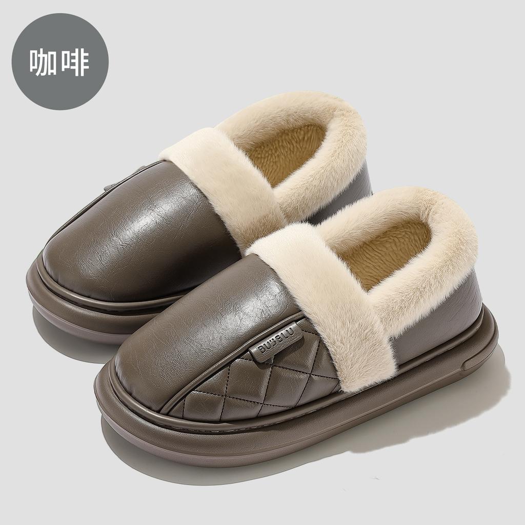 Pu cotton slippers winter waterproof indoor home household plush warm non-slip bedroom winter cotton shoes
