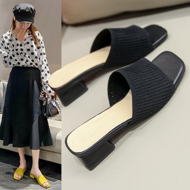 

Новые женские туфли Fei-woven с квадратным носком, цельные шлепанцы, толстый каблук, модные шлепанцы на среднем каблуке, крутые шлепанцы 40