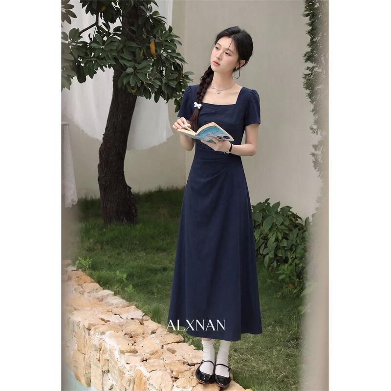 Luxiangnan French Elegant Summer Slim Dress S темно-синий