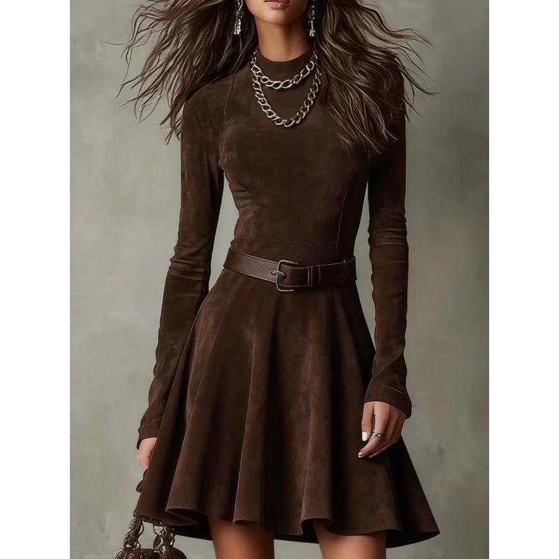 2025 Autumn Elegant Solid Color Long Sleeve Belted Dress L