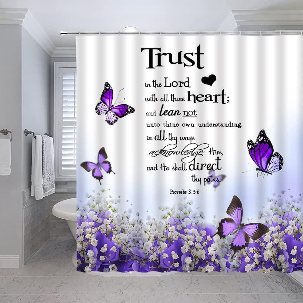 Purple Floral Butterfly Shower Curtain Inspirational Quotes Spring Flower Romantic Valentine's Day Belief Gospel Violet Rose