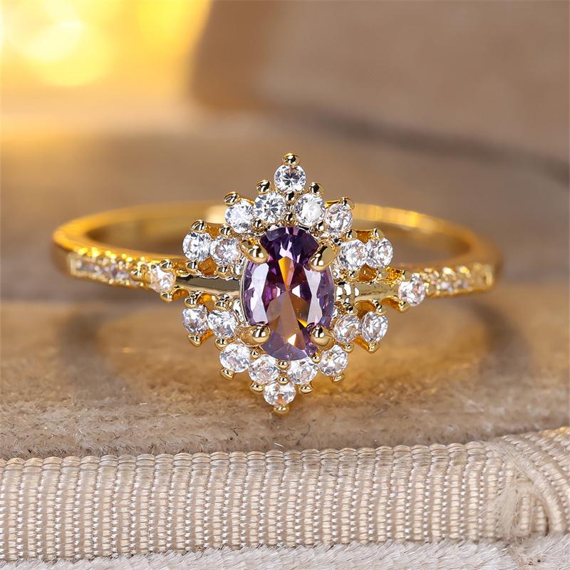 1 Buc Inel Floral cu Piatră Violetă Tăietură Ovală Culoare Aurie Verighetă Bijuterii pentru Ziua Îndrăgostiților