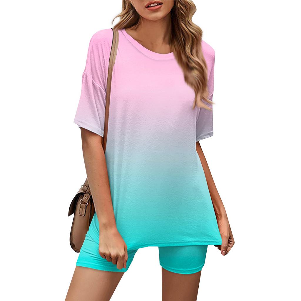 Lässiges, sportliches zweiteiliges Set für Damen, lockeres und modisch bedrucktes Oberteil und kurzärmliges Shorts-Set