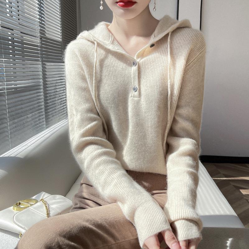 Women's Cashmere Hooded Knit Sweater - Autumn/Winter Collection, Loose Fit, Short Pullover Hoodie.