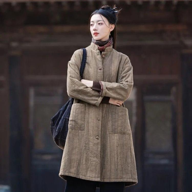 Chinesischer Stil Vintage Damen Parkas Warme Plus Size Baumwollmäntel Langarm Stehkragen Knopfleiste Hochwertige Winterjacke
