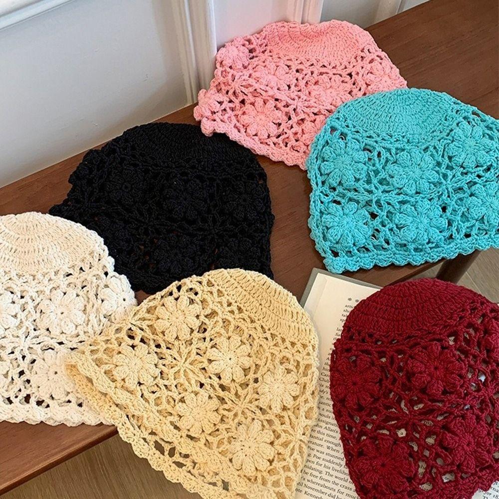 Handmade Crochet Flower Hat Weave Beanies Cap Ins Knit Basin Caps  Girls