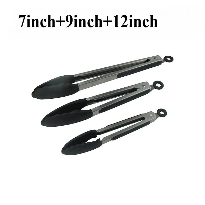 1 Pc Black Silicone Food Tongs, Stainless Steel Food Tongs Outdoor BBQ Clamps for Camping Kitchen Tongs for Baking Steak