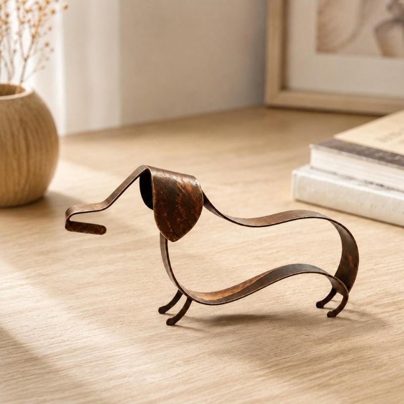 Open-Frame Wiener Dog Sculpture In Metal with a Mottled Aged-Look Finish for Indoor Cabinets, Shelves, and Desktops