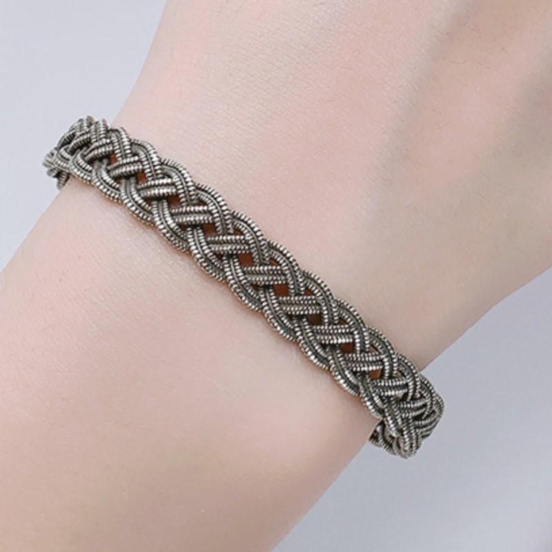 PANJBJ 925 Sterling Silver Weave Bangle for Women Hollow Out Retro Punk Ins Fashion Trend Jewelry Gift Dropshipping