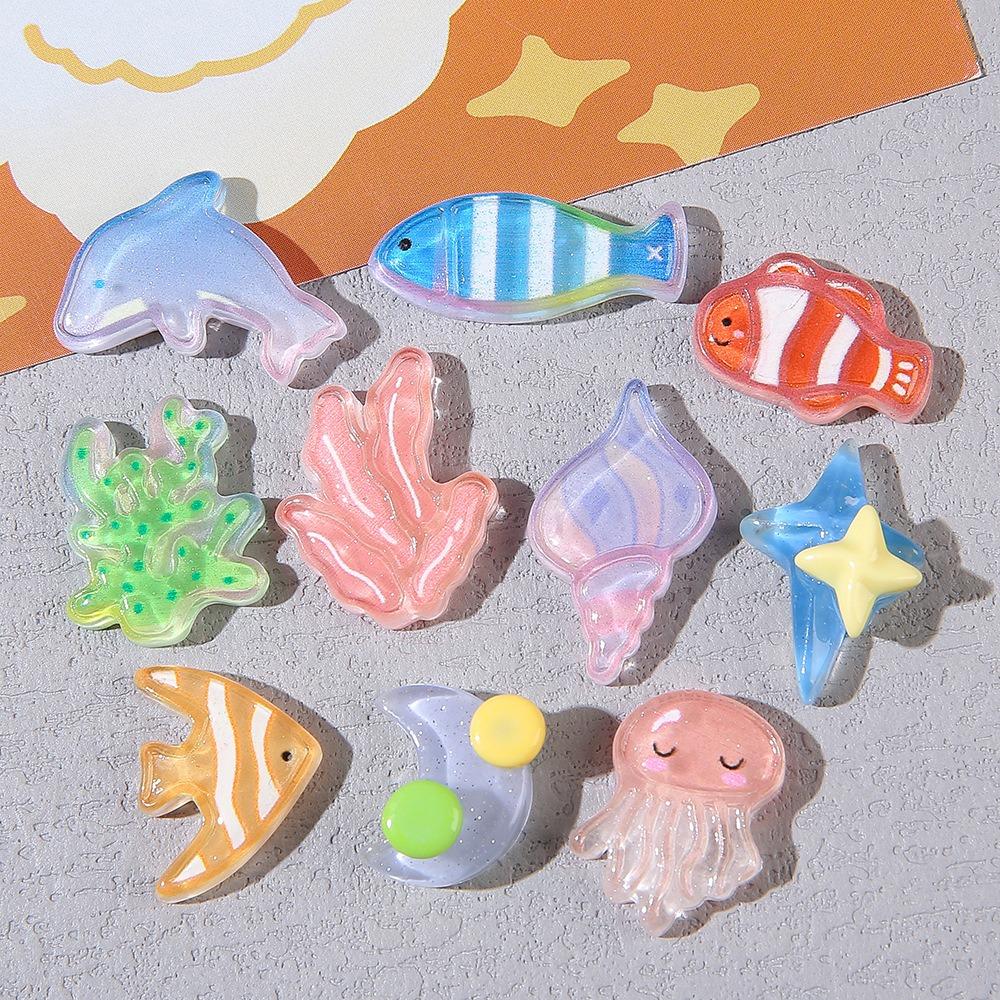 10Pcs Ocean Sea Life Resin Charms Clownfish Jellyfish Dolphin Coral Starfish Diy Micro Landscape Decor