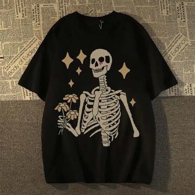 Skeletons In Meditation And Keep Alone Printed T Shirt Mans Casual Short Sleeve High Street Hip Hop Clothing Men T-Shirts Tops