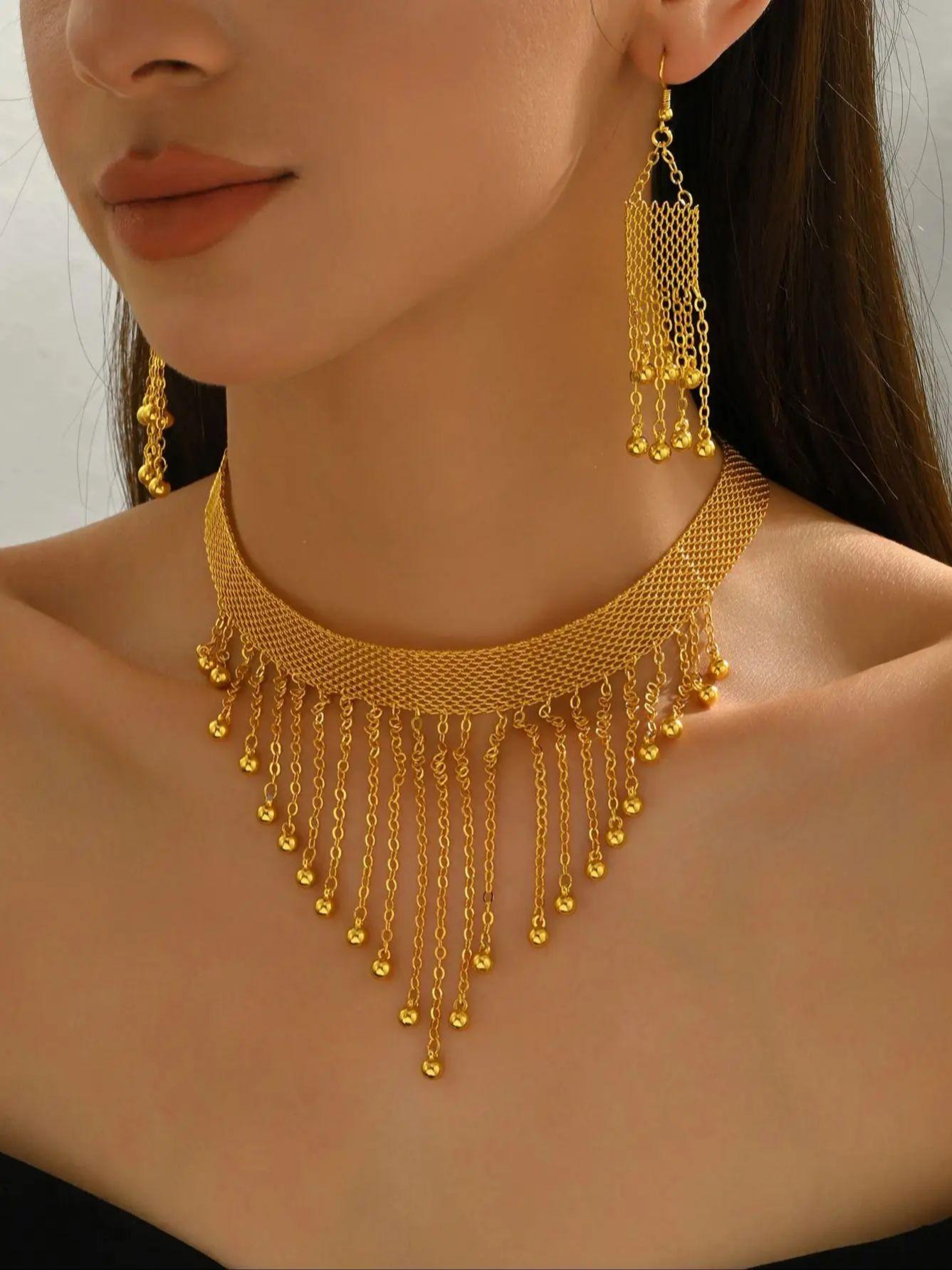 

Arabian bride luxurious vintage long tassel necklace and earrings two-piece set wedding bride jewelry accessory set sukniaślubna золотистый