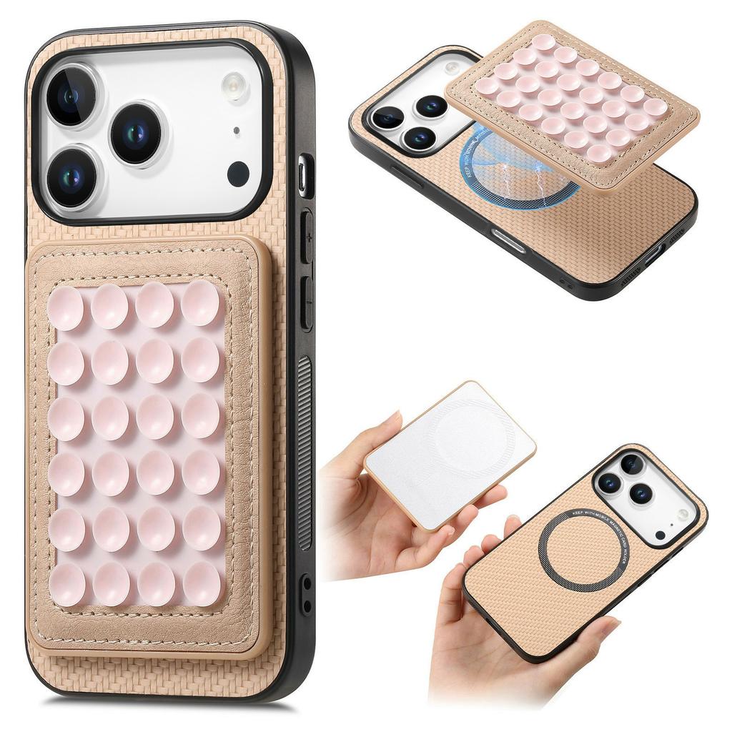 For iPhone 17 Pro Max Case Carbon Fiber Texture Leather Back Cover with Magnetic Detachable Suction Cup