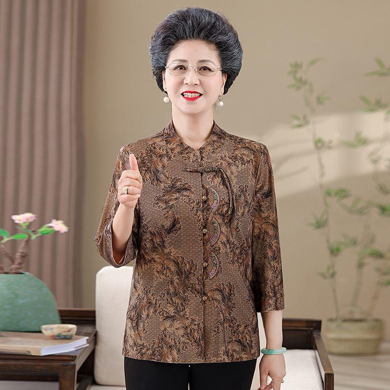 Elderly Women's Chinese Style Floral Print Blouse Half Sleeve Manin Collar Casual Top