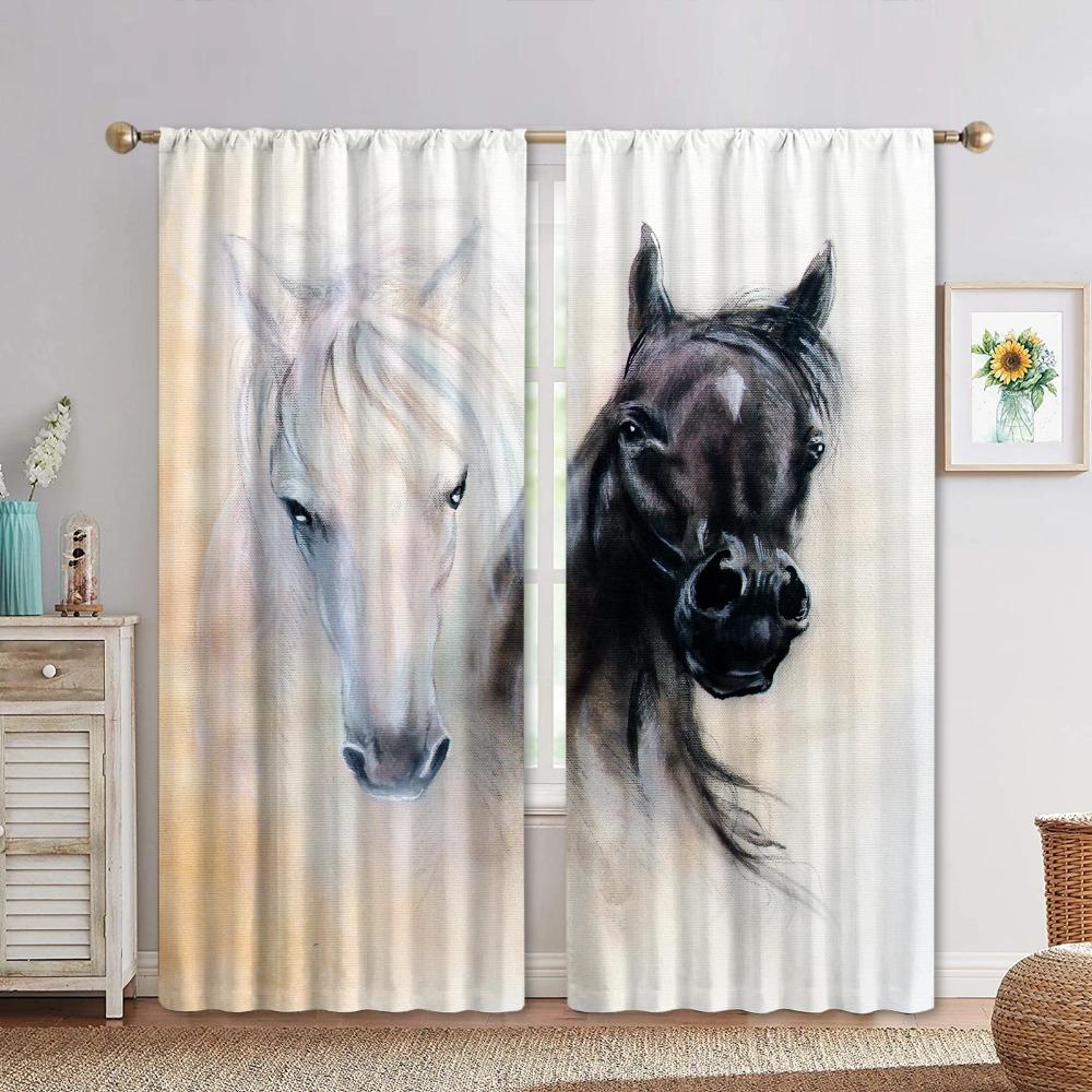 3D Digital Printed Horse Black White Polyester Lightweight Shading Window Panel Curtain designed for Kids Living Room Bedroom Bathroom Decor Hooks