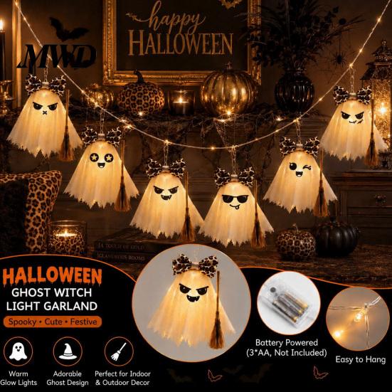 Spooky But Sweet Festival Props LED Ghost String Lights for Halloween Decorations, Cute Hanging Gauze Lamps Indoor Outdoor Decorations with Warm White