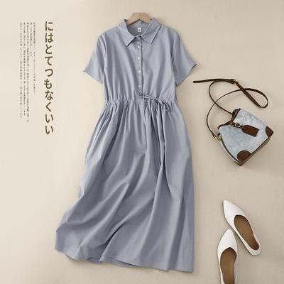 2025 Summer New Solid Color Cotton and Linen Shirt Skirt Women's Retro Drawstring Waist Polo Collar Short-sleeved Dress Women