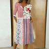 Womens V Neck Patchwork Midi Dress 3/4 Sleeve Lace 4th of July Dress Independence Day Dress Casual Loose Fit