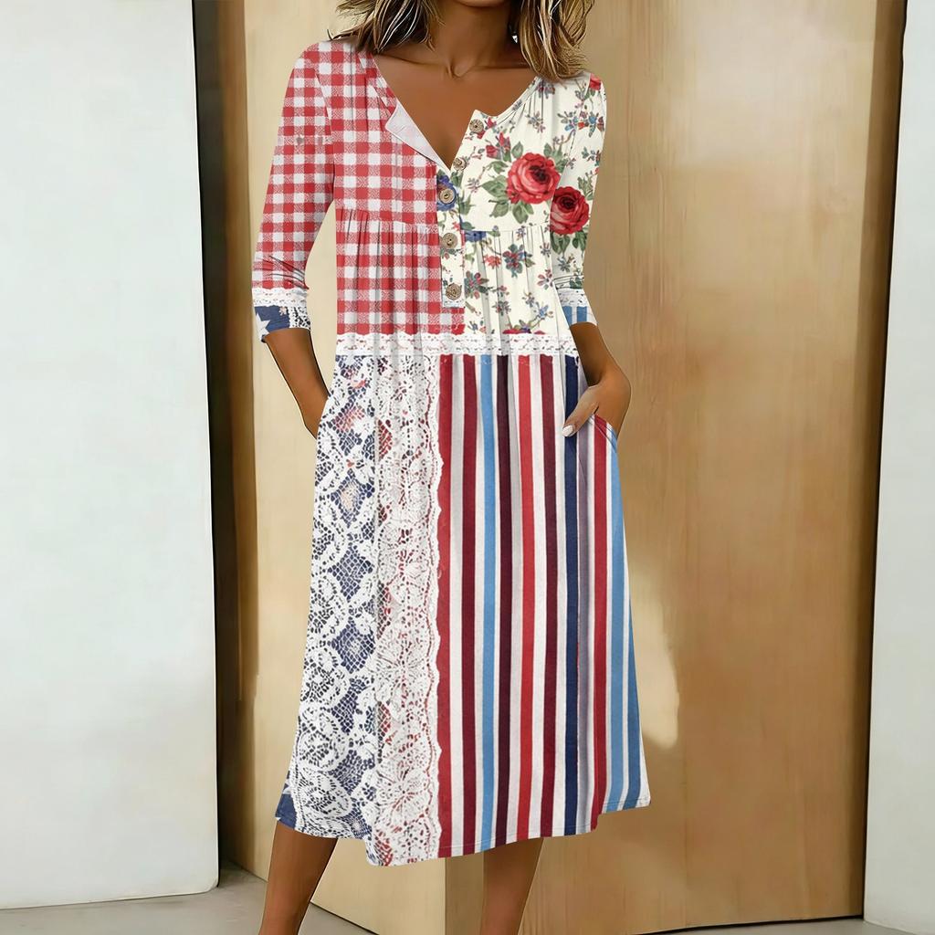 Womens V Neck Patchwork Midi Dress 3/4 Sleeve Lace 4th of July Dress Independence Day Dress Casual Loose Fit