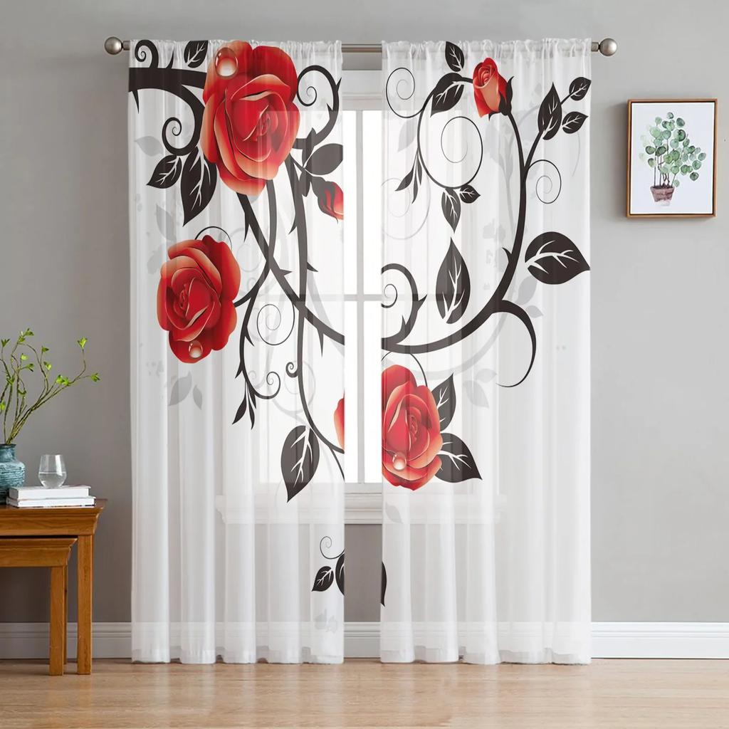 Pink Rose Flower Tulle Sheer Curtains for Living Room Decoration Window Curtain for Bedroom Kitchen Voile Organza Drapes