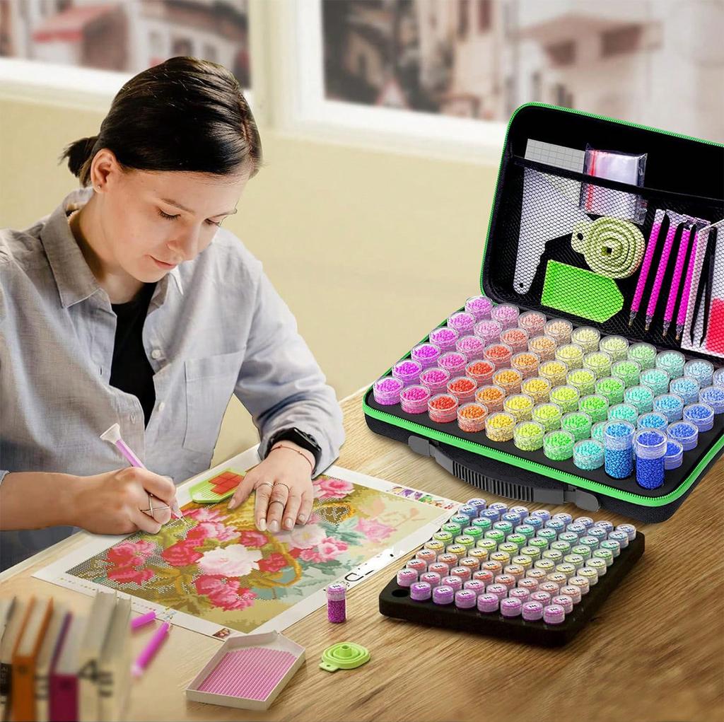 Diamond Painting Storage Box Container, 60-slot Bead Storage with 5D Diamond Art Accessories and Tool Kit Shockproof Jar Jewelry Bead Flash Rhinestone